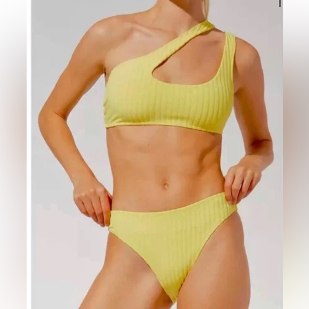 Solid & Striped Neon Yellow One Shoulder Bikini